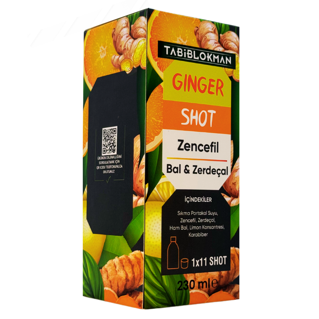 Ginger shot Zencefil & Bal & Zerdeçal İçeren Ballı Portakallı Bitkisel Karışım 230 ml.