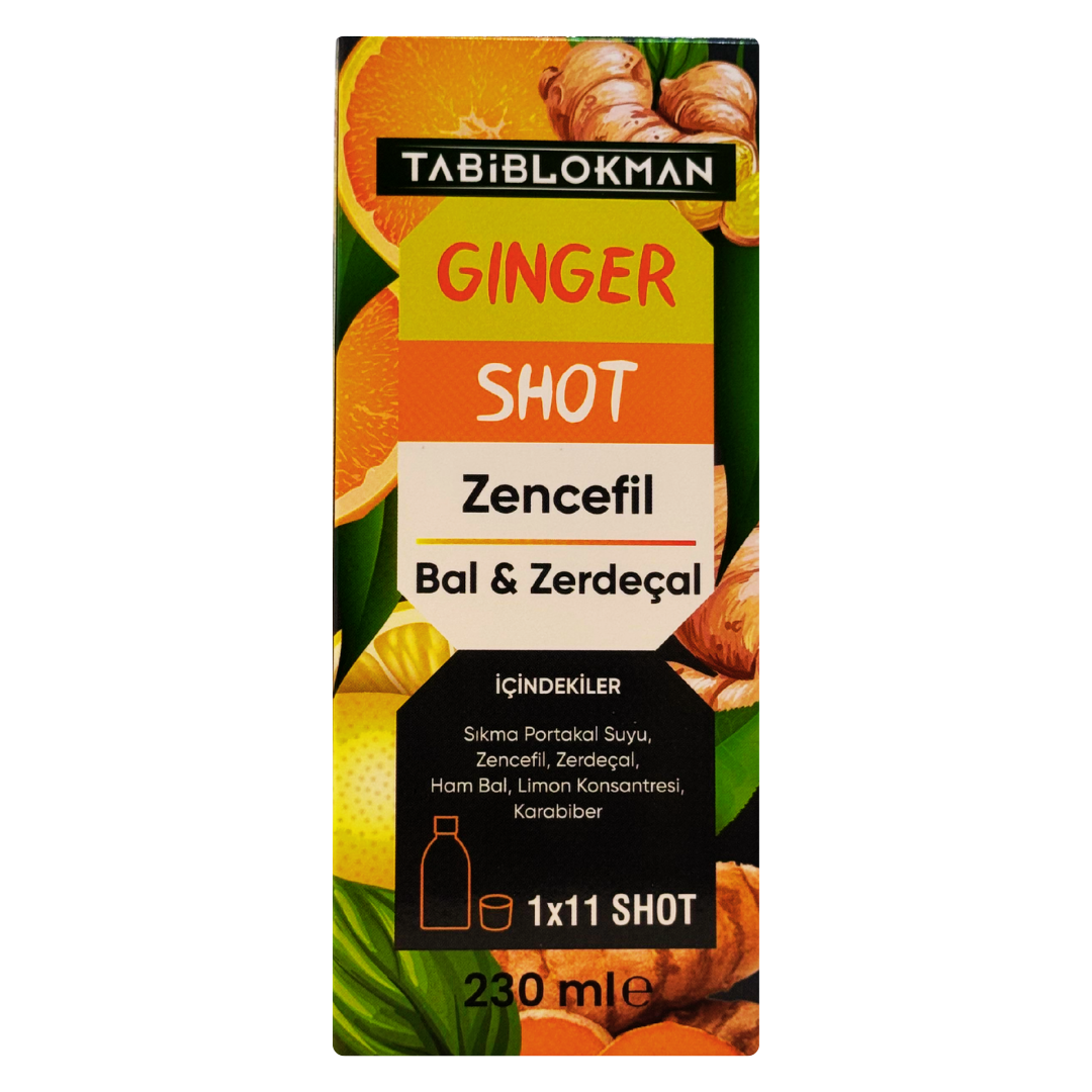 Ginger shot Zencefil & Bal & Zerdeçal İçeren Ballı Portakallı Bitkisel Karışım 230 ml. 1